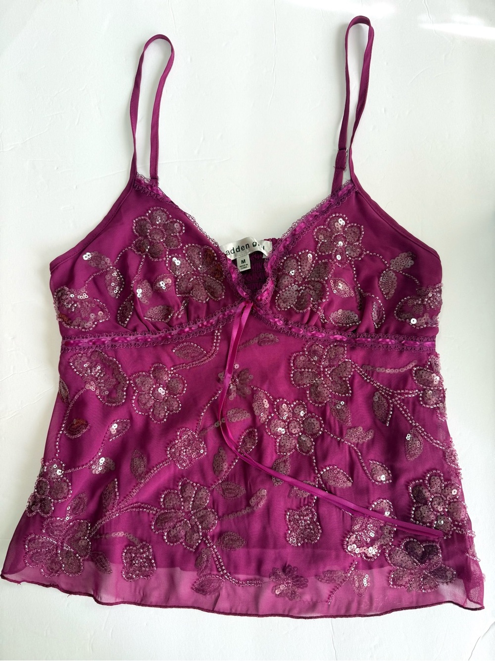 Madden Girl Beaded Sequin Floral Cami Berry Purple - Size M - Y2K Fairy - New